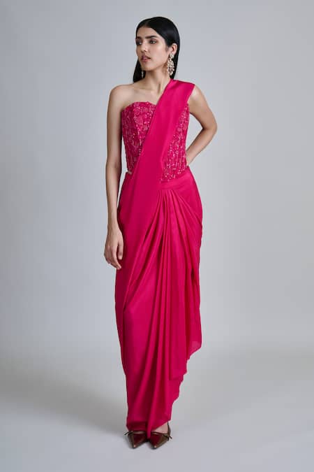 Mishru Zin Pre-Draped Saree With Embroidered Blouse 