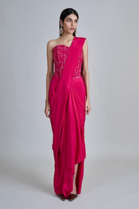 Shop_Mishru_Fuchsia Silk, Tulle Embroidery Sweetheart Neck Zin Pre-draped Saree With Blouse _Online_at_Aza_Fashions