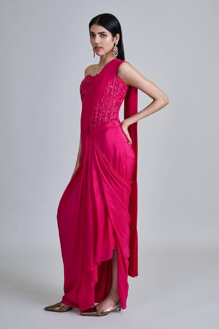 Mishru_Fuchsia Silk, Tulle Embroidery Sweetheart Neck Zin Pre-draped Saree With Blouse _at_Aza_Fashions