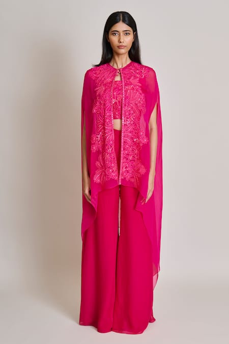 Mishru_Fuchsia Organza, Tulle Embroidery, Sequins High Neck, Aurea Jacket Palazzo Set _Online_at_Aza_Fashions