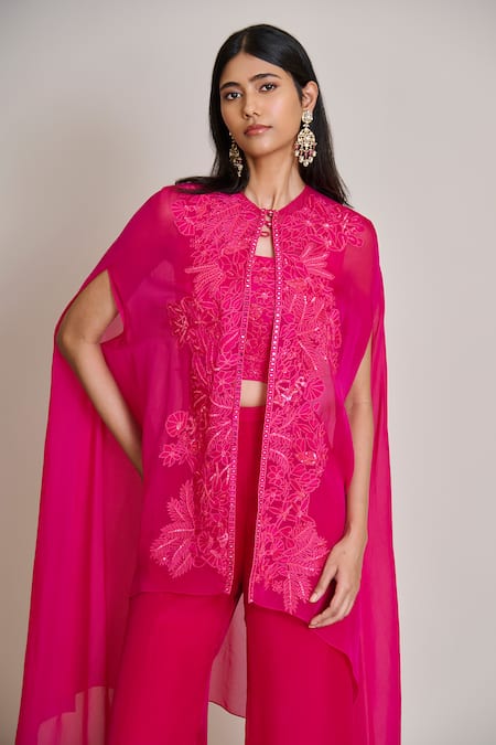 Mishru_Fuchsia Organza, Tulle Embroidery, Sequins High Neck, Aurea Jacket Palazzo Set _at_Aza_Fashions