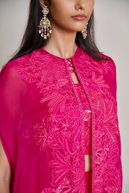 Buy_Mishru_Fuchsia Organza, Tulle Embroidery, Sequins High Neck, Aurea Jacket Palazzo Set 