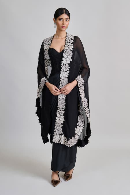 Mishru Lea Embroidered Cape Draped Skirt Set 