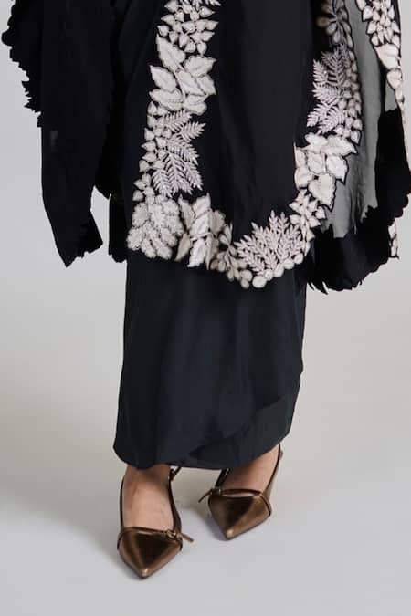 Mishru_Black Tulle, Satin Embroidery, Beads, Sequins Open Lea Cape Draped Skirt Set _Online_at_Aza_Fashions