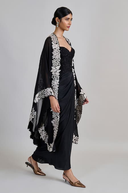 Buy_Mishru_Black Tulle, Satin Embroidery, Beads, Sequins Open Lea Cape Draped Skirt Set _Online_at_Aza_Fashions
