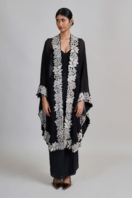 Shop_Mishru_Black Tulle, Satin Embroidery, Beads, Sequins Open Lea Cape Draped Skirt Set _Online_at_Aza_Fashions
