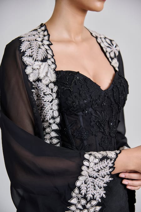 Mishru_Black Tulle, Satin Embroidery, Beads, Sequins Open Lea Cape Draped Skirt Set _at_Aza_Fashions