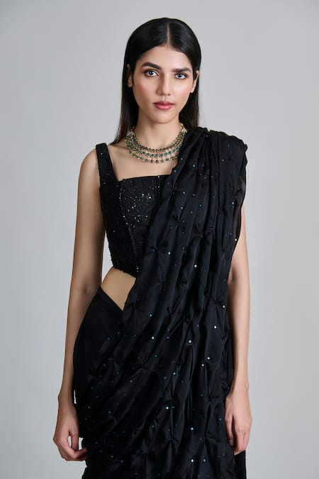 Mishru_Black Organza, Tulle Sequins, Embroidery Yuki Pre-draped Saree With Blouse _Online_at_Aza_Fashions