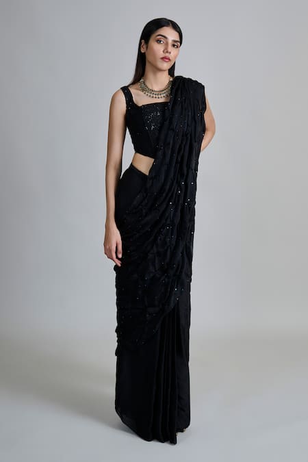 Shop_Mishru_Black Organza, Tulle Sequins, Embroidery Yuki Pre-draped Saree With Blouse _Online_at_Aza_Fashions