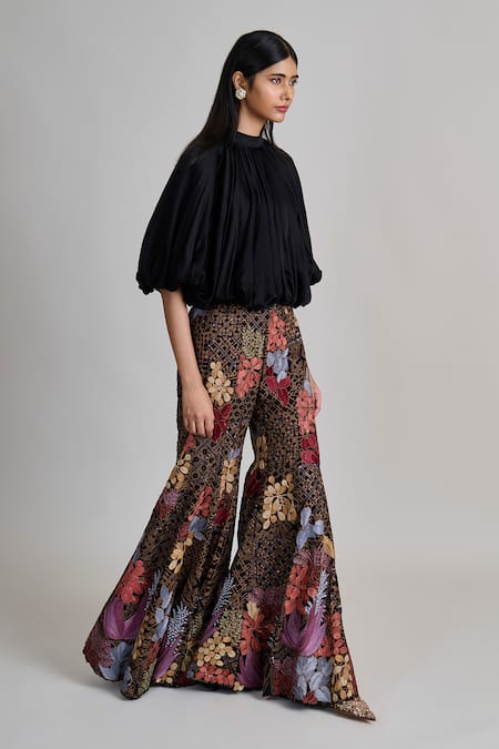 Mishru_Black Organza Embroidery High Neck Orla Bubble Hem Top And Pant Set _Online_at_Aza_Fashions