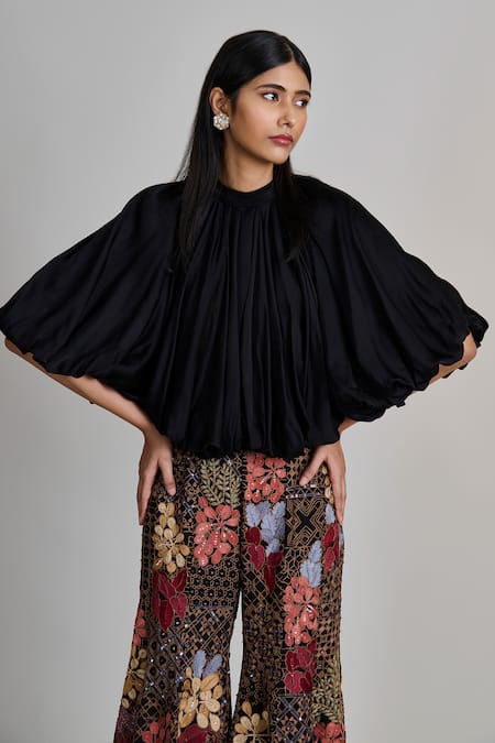 Buy_Mishru_Black Organza Embroidery High Neck Orla Bubble Hem Top And Pant Set _Online_at_Aza_Fashions