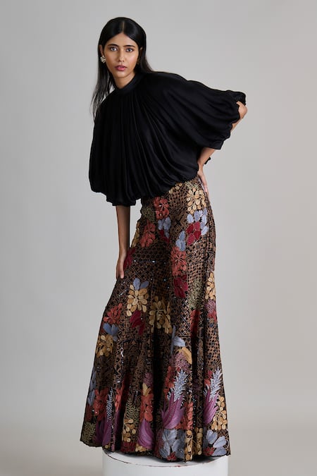 Shop_Mishru_Black Organza Embroidery High Neck Orla Bubble Hem Top And Pant Set _Online_at_Aza_Fashions