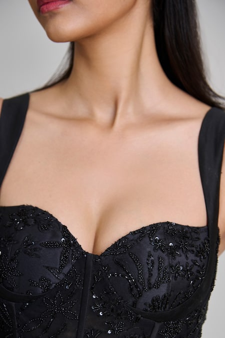 Mishru_Black Tulle Beads, Sequins, Embroidery Sweetheart Neck Mirae Floral Dress _Online_at_Aza_Fashions