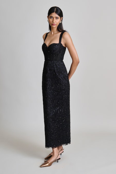 Buy_Mishru_Black Tulle Beads, Sequins, Embroidery Sweetheart Neck Mirae Floral Dress _Online_at_Aza_Fashions