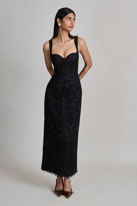 Shop_Mishru_Black Tulle Beads, Sequins, Embroidery Sweetheart Neck Mirae Floral Dress _Online_at_Aza_Fashions