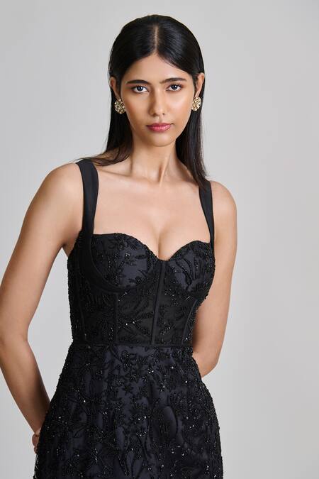 Mishru_Black Tulle Beads, Sequins, Embroidery Sweetheart Neck Mirae Floral Dress _at_Aza_Fashions