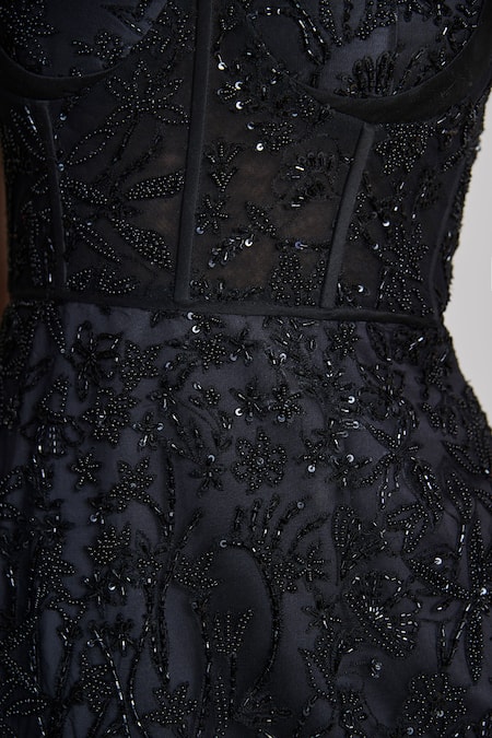 Buy_Mishru_Black Tulle Beads, Sequins, Embroidery Sweetheart Neck Mirae Floral Dress 