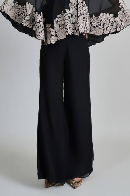 Mishru_Black Organza Embroidery, Sequins High Neck Kalie Cape Set _Online_at_Aza_Fashions