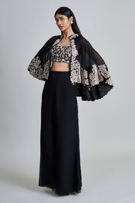 Buy_Mishru_Black Organza Embroidery, Sequins High Neck Kalie Cape Set _Online_at_Aza_Fashions