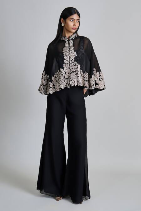 Shop_Mishru_Black Organza Embroidery, Sequins High Neck Kalie Cape Set _Online_at_Aza_Fashions