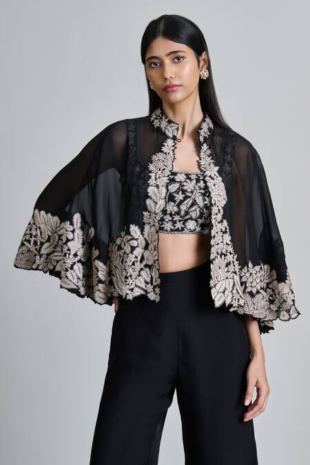 Shop_Mishru_Black Organza Embroidery, Sequins High Neck Kalie Cape Set 