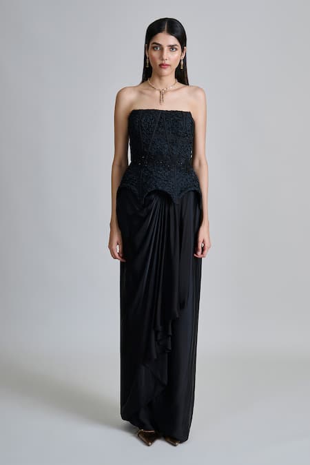 Mishru_Black Organza, Satin Ciara Embroidered Peplum Corset And Draped Skirt Set _Online_at_Aza_Fashions