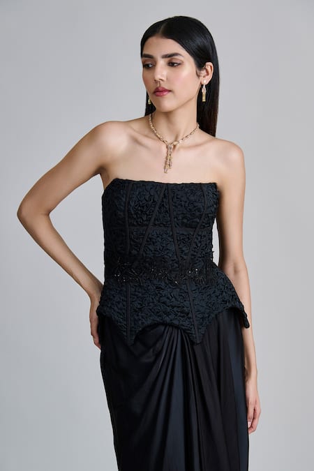 Buy_Mishru_Black Organza, Satin Ciara Embroidered Peplum Corset And Draped Skirt Set _Online_at_Aza_Fashions