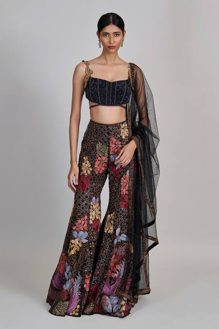 Mishru_Black Tulle, Organza Sequins, Embroidery, Metallic Dianthus Corset Sharara Set _Online_at_Aza_Fashions