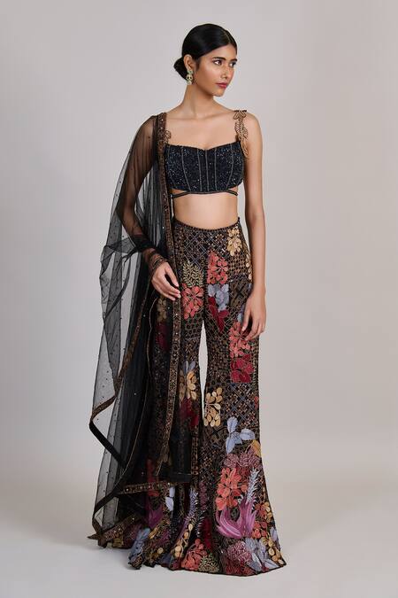 Buy_Mishru_Black Tulle, Organza Sequins, Embroidery, Metallic Dianthus Corset Sharara Set _Online_at_Aza_Fashions