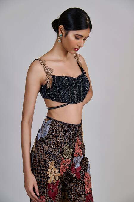 Shop_Mishru_Black Tulle, Organza Sequins, Embroidery, Metallic Dianthus Corset Sharara Set _Online_at_Aza_Fashions