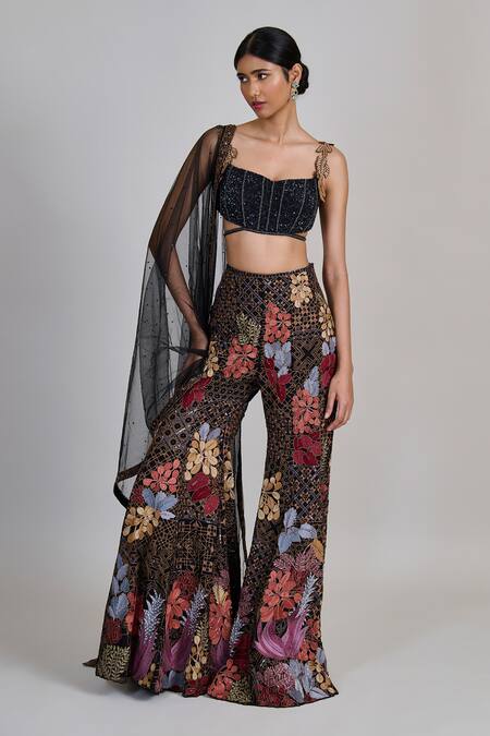 Buy_Mishru_Black Tulle, Organza Sequins, Embroidery, Metallic Dianthus Corset Sharara Set 