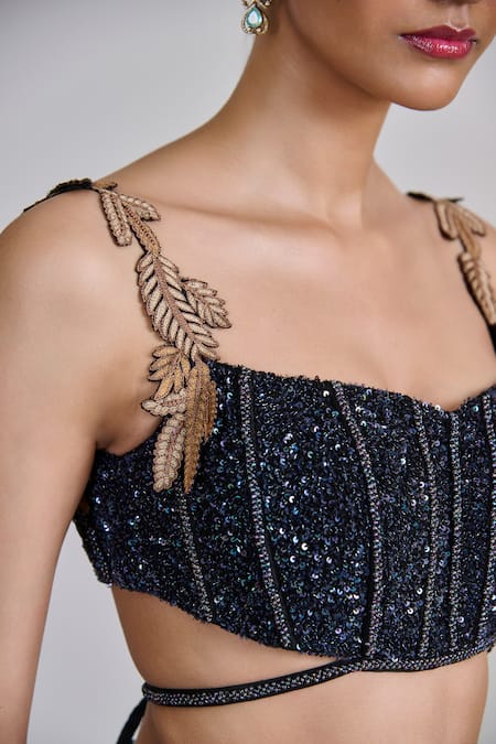 Shop_Mishru_Black Tulle, Organza Sequins, Embroidery, Metallic Dianthus Corset Sharara Set 