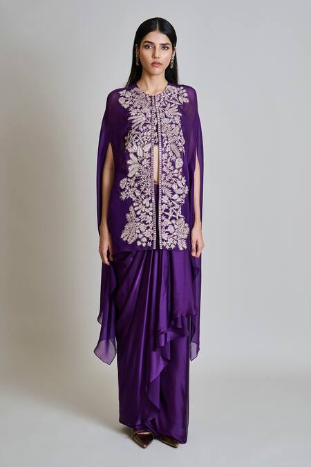 Mishru_Purple Tulle, Satin Embroidery Round Neck, Square Aurea Cape Draped Skirt Set _Online_at_Aza_Fashions