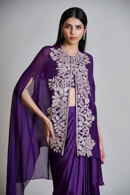 Buy_Mishru_Purple Tulle, Satin Embroidery Round Neck, Square Aurea Cape Draped Skirt Set _Online_at_Aza_Fashions