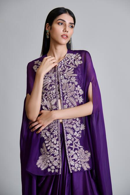 Shop_Mishru_Purple Tulle, Satin Embroidery Round Neck, Square Aurea Cape Draped Skirt Set _Online_at_Aza_Fashions