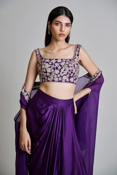 Mishru_Purple Tulle, Satin Embroidery Round Neck, Square Aurea Cape Draped Skirt Set _at_Aza_Fashions