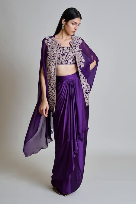 Mishru Aurea Embroidered Cape Draped Skirt Set 