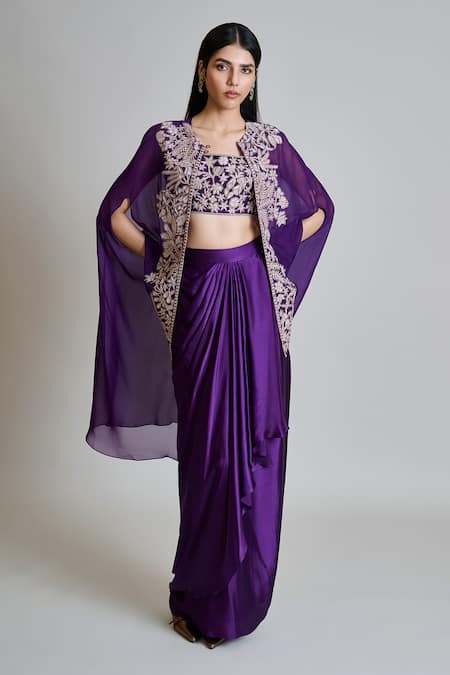 Mishru Aurea Embroidered Cape Draped Skirt Set 