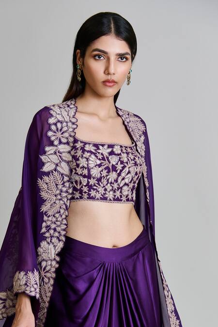 Mishru_Purple Tulle, Satin Embroidery Open , Square Lea Cape Draped Skirt Set _Online_at_Aza_Fashions