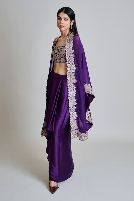 Buy_Mishru_Purple Tulle, Satin Embroidery Open , Square Lea Cape Draped Skirt Set _Online_at_Aza_Fashions