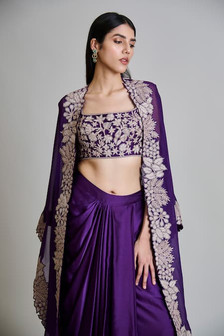 Mishru_Purple Tulle, Satin Embroidery Open , Square Lea Cape Draped Skirt Set _at_Aza_Fashions