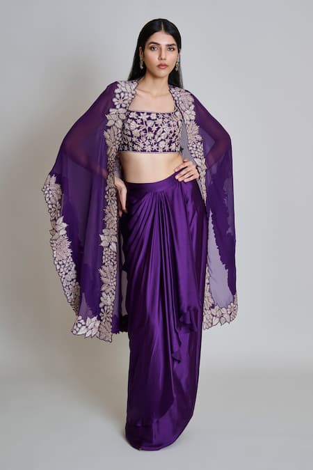 Buy_Mishru_Purple Tulle, Satin Embroidery Open , Square Lea Cape Draped Skirt Set 