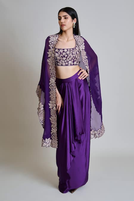 Shop_Mishru_Purple Tulle, Satin Embroidery Open , Square Lea Cape Draped Skirt Set 