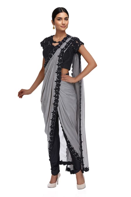 Neha Gursahani Grey embroidered pre draped saree with pants 