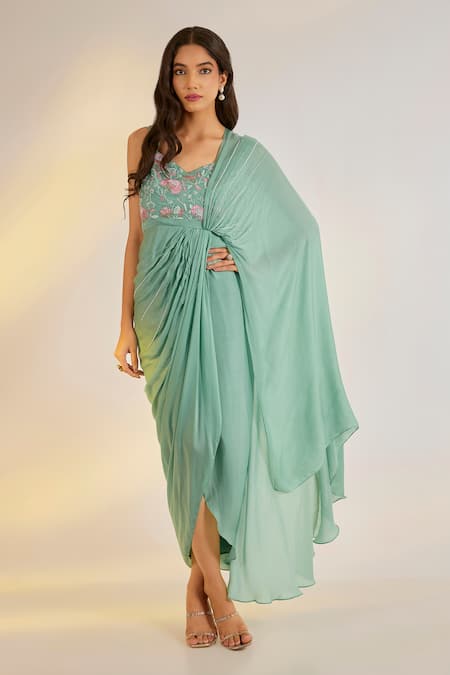 Ewoke Sage Green Embroidered Saree Gown 