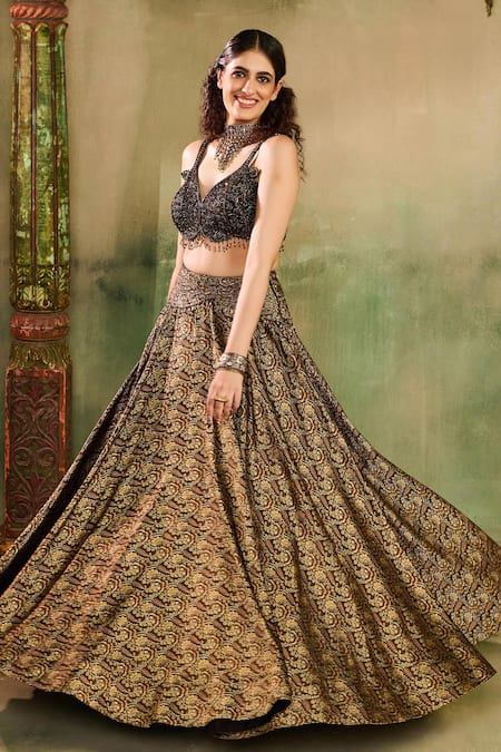 Buy_Reeti Arneja_Black Silk Zari, Sequins, Beads, Embroidery, Tassels Woven Lehenga Blouse Set 