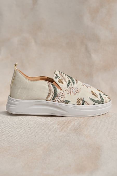 Around Always_Beige Kanan Beaded Floral Embroidered Sneakers _Online_at_Aza_Fashions