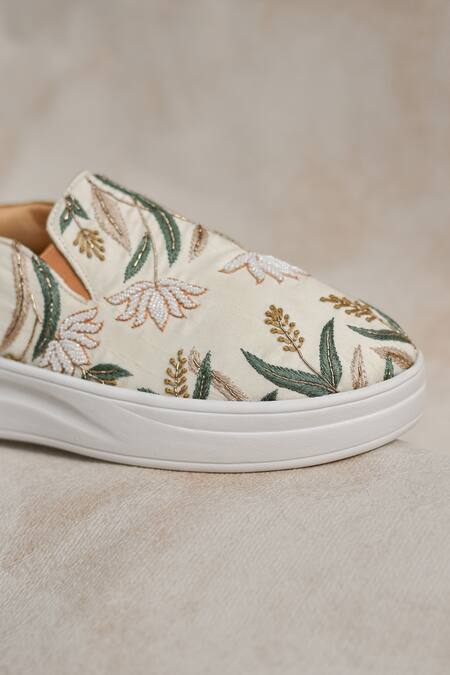 Buy_Around Always_Beige Kanan Beaded Floral Embroidered Sneakers _Online_at_Aza_Fashions