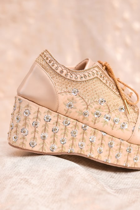 Around Always_Gold Mayuri Floral Embroidered Wedge Sneakers _Online_at_Aza_Fashions