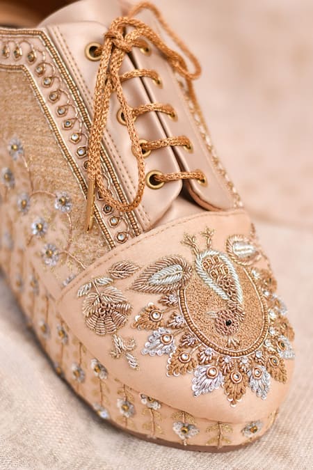 Buy_Around Always_Gold Mayuri Floral Embroidered Wedge Sneakers _Online_at_Aza_Fashions
